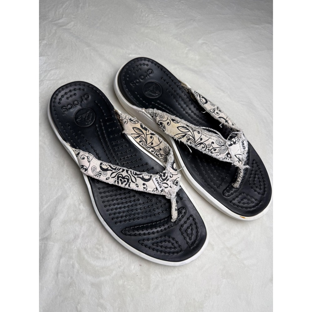Crocs Paisley Canvas Frayed Strap Flip Flop Sandals Black White Womens 9